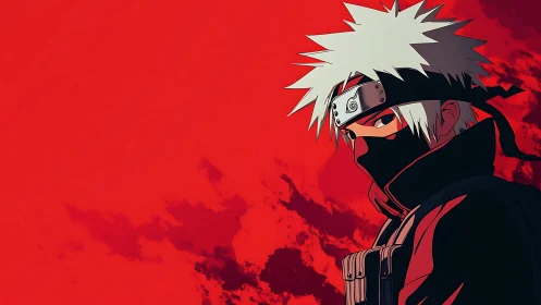 Masked white-haired anime figure against red backdrop.