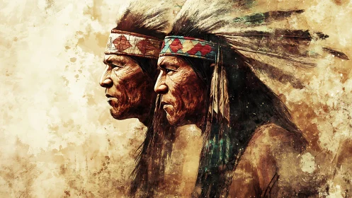 Twin warrior portraits in textured sepia tribal headdress painting.