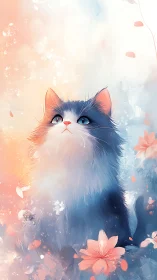 Ethereal White Cat with Blue Eyes Surrounded by Floating Petals.