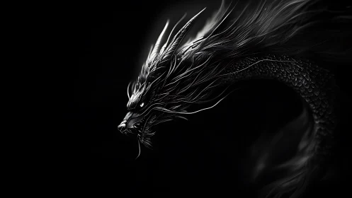 Monochrome serpentine dragon rendered in high-contrast relief.