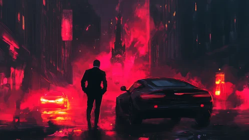 Suit-clad figure and sports car traverse neon-lit cyberpunk avenue