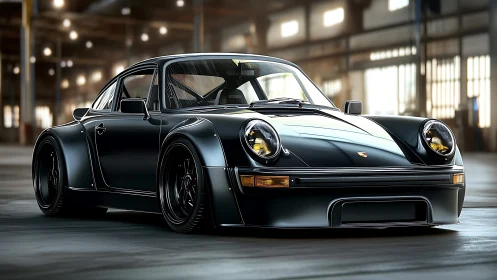 Widebody black 911 rendered with high-gloss shaders in soft warehouse light
