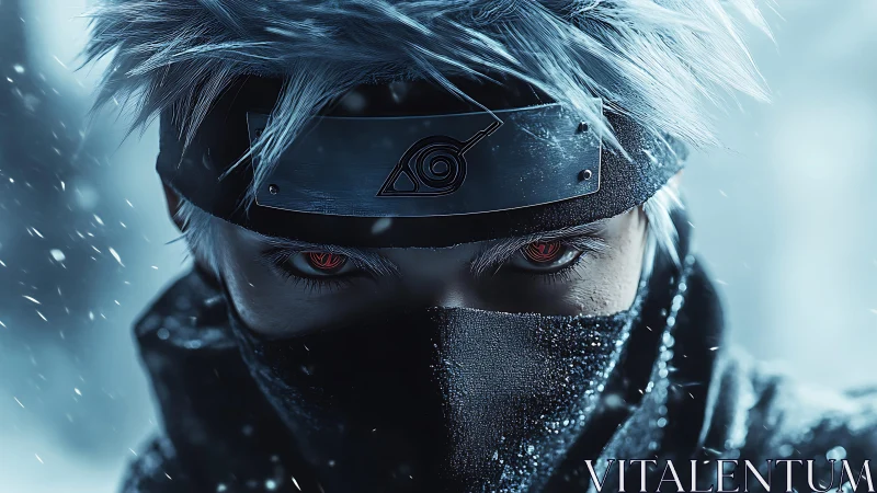 Masked silver haired ninja portrait with snowy background.