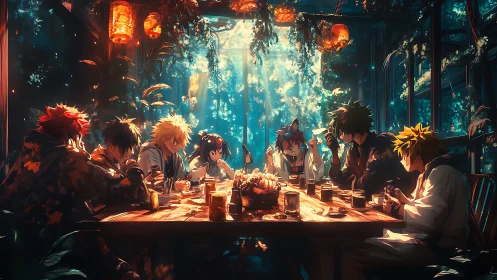 Sunlit anime supper in a leafy glasshouse sanctuary.