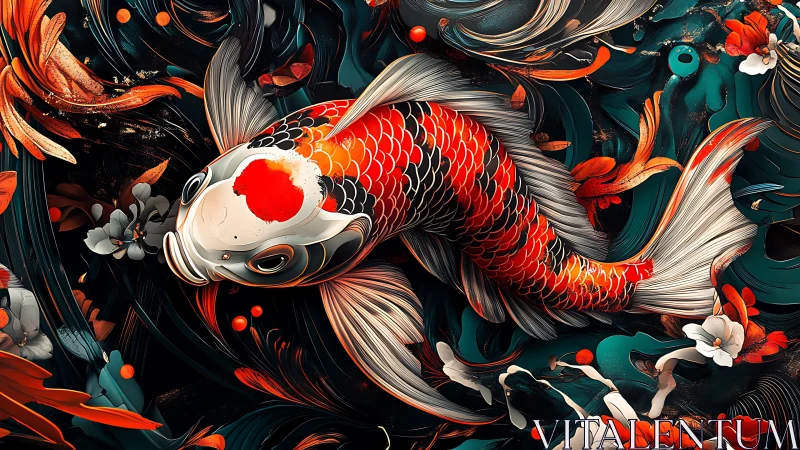 Koi fish glides through swirling abstract floral currents.
