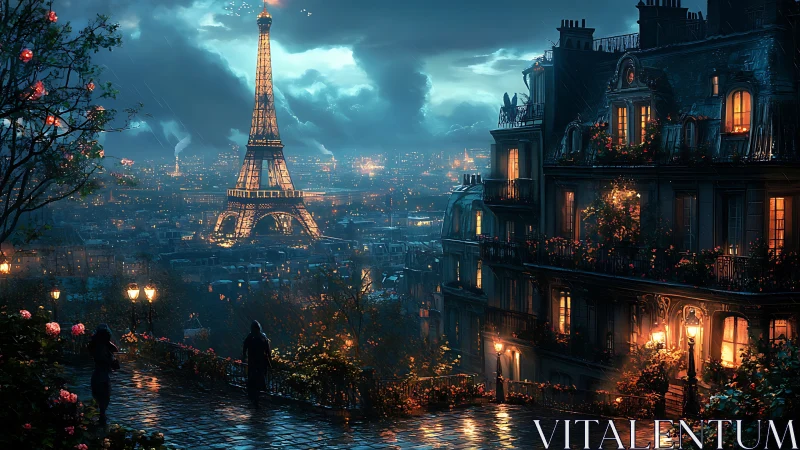 Nocturnal Parisian terrace overlooking illuminated Eiffel Tower