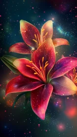 Luminescent Lily Blooms Among Cosmic Particles.