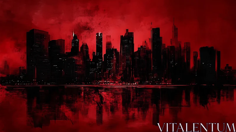 Noir skyline silhouette cuts through saturated red urban haze
