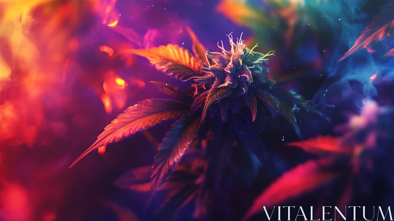 Cannabis bud in vivid multicolor abstract lighting.