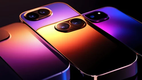 Vibrant gradient smartphones with reflective finishes in modern style.