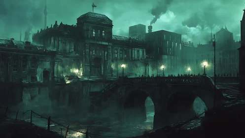 Moody green city bridge glows softly through rainy night air