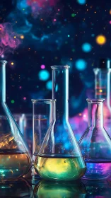 Laboratory glassware with bokeh-lit reactive liquids and colored vapor