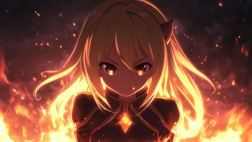 Fireborn warrior girl amid embers and defiant starlight.