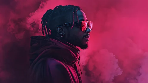 Profile view shows subject in pink fog with reflective glasses