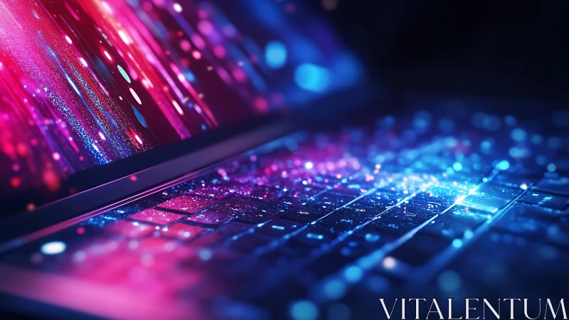 Neon keystream cascade across a dreaming laptop deck.