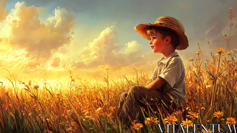 Sun-hatted dreamer adrift in golden wildflower sunset fields.
