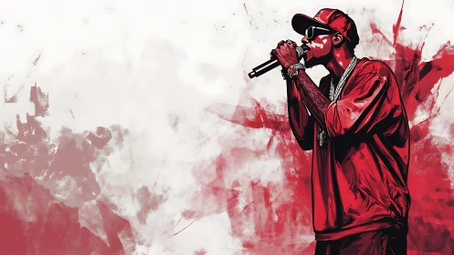 Rapper performs onstage against bold red abstract backdrop