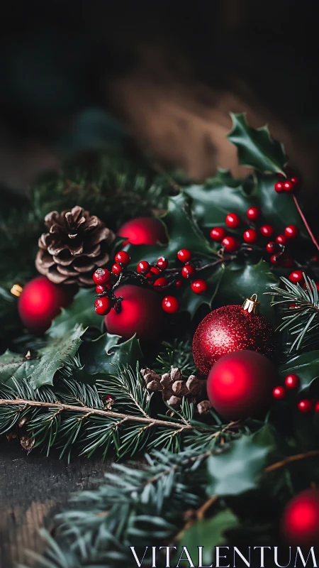 Red ornaments and holly in dark Christmas greenery.