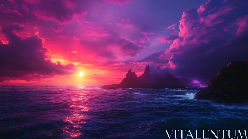 Vivid purple ocean sunset with dark rocky coastline.