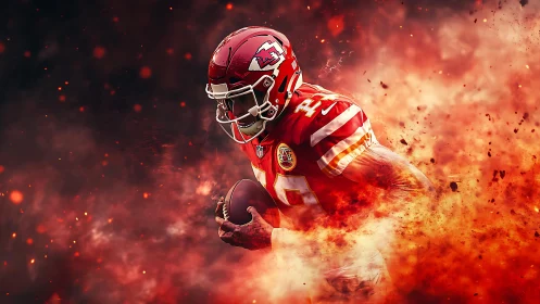 Explosive football runner charges forward through fiery smoke