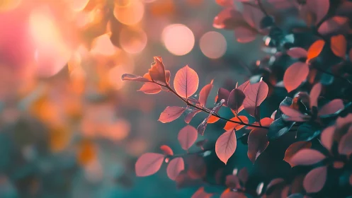 Shallow depth field isolates pink foliage against warm bokeh glow