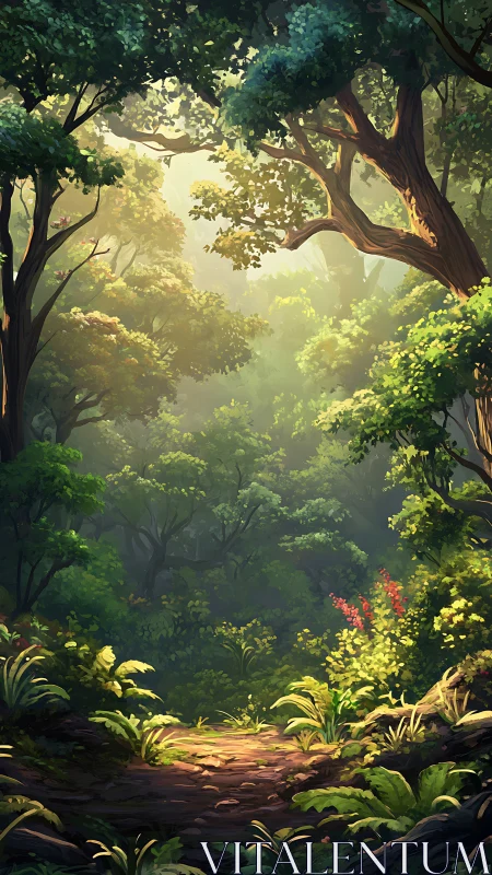 Forest pathway with illuminated canopy and yellow flowers in undergrowth.