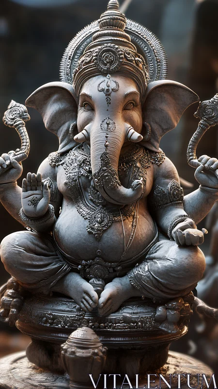 Ornate stone Ganesha sculpture with hyper-detailed iconography.