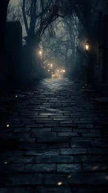 Fog-drenched cobblestone lane receding under dim gas lamps