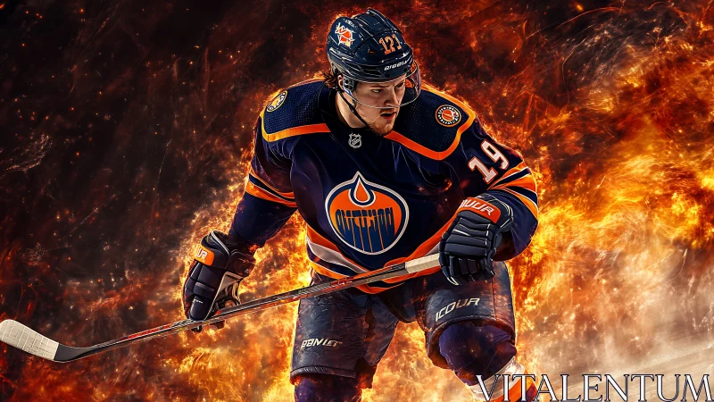 Intense ice hockey forward charging through flaming rink.