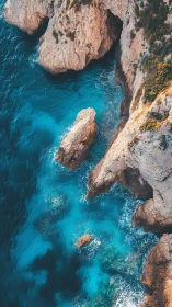 Aerial coastal geology with wave dynamics and turquoise surf interface.