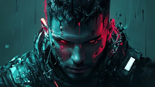 Cybernetic warrior portrait with neon red teal lighting.