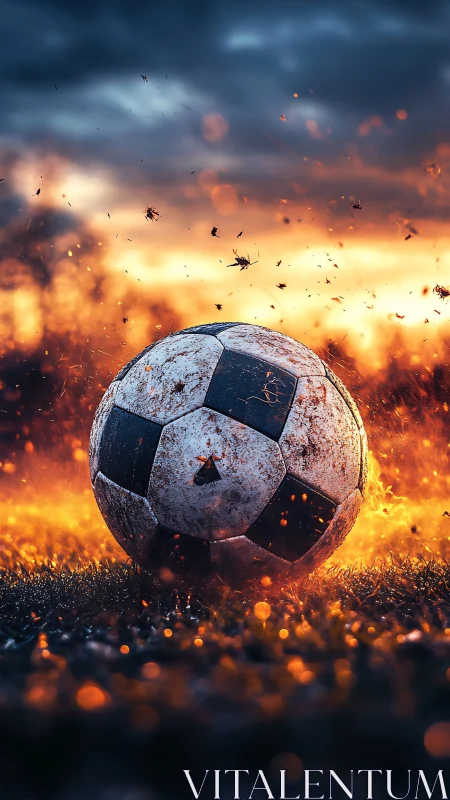 Burning soccer ball ignites wet field under storm sky.