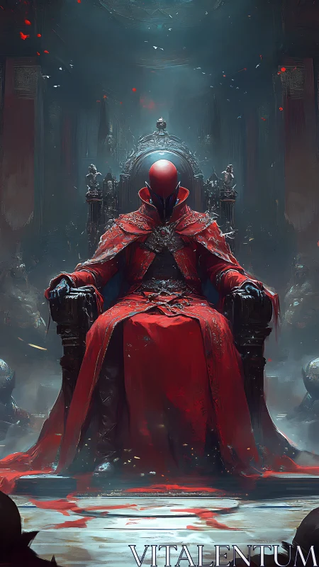Silent crimson ruler rests upon a brooding shadowed throne