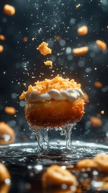 High-speed dessert splash with suspended crumbs in macro focus.