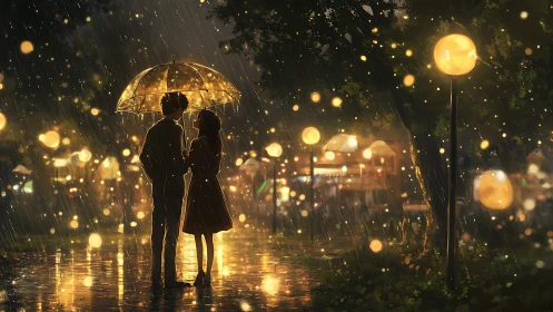 Rain-soaked lovers stand beneath a glowing umbrella at night.