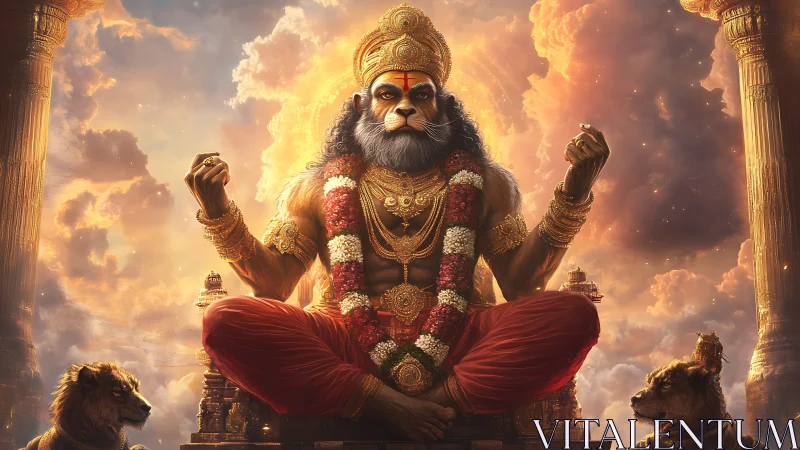 Lion-headed deity meditating amid golden temple clouds.