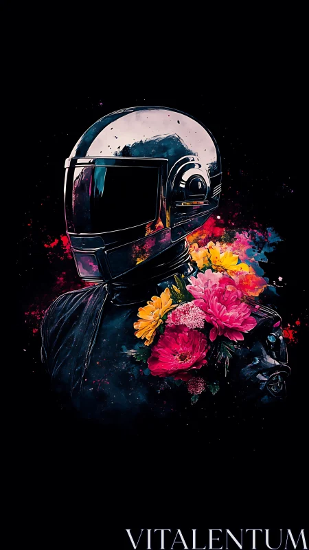 Chrome-helmeted figure with neon florals on black field.