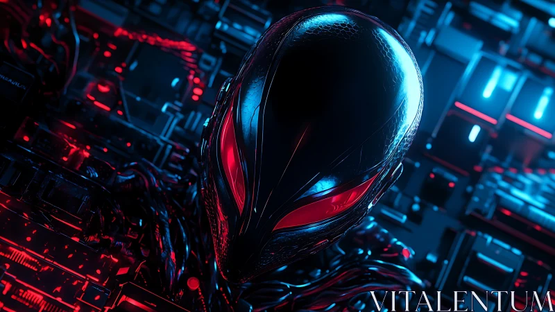 Neon sentient helm glows over a labyrinth of cyber circuits.