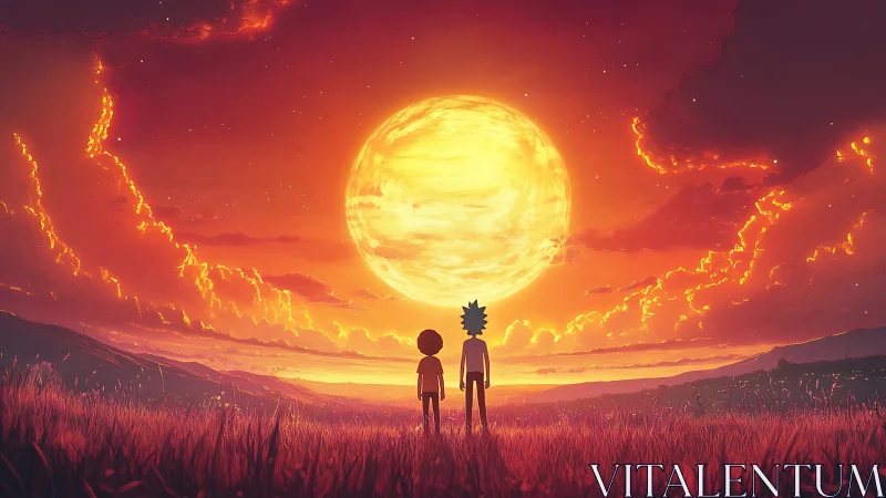 Two stylized figures stand facing oversized glowing sunset