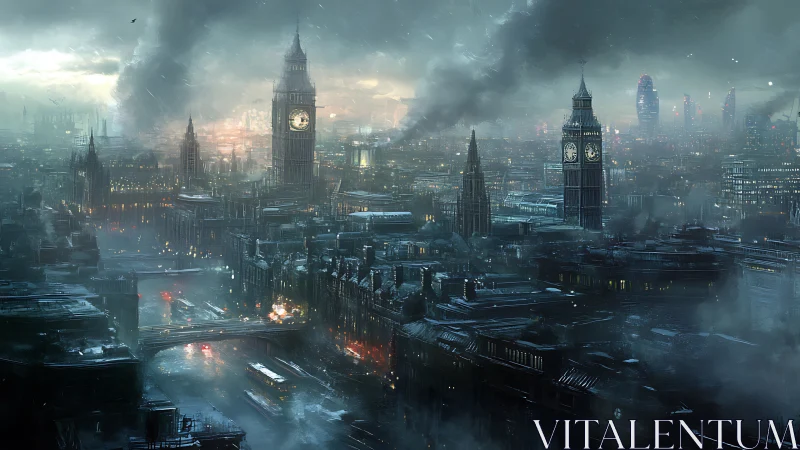 Digital painting of dystopian London skyline in storm haze.