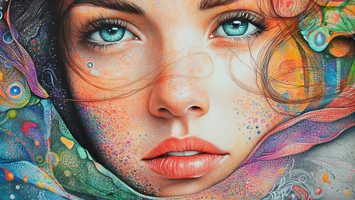 Dreamy blue-eyed portrait wrapped in swirling colors.