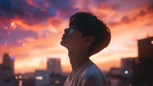 Silhouetted youth under neon sunset city skyline.