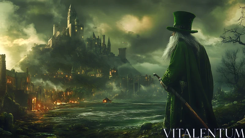 Emerald-robed wizard surveys stormlit fortress city at dusk