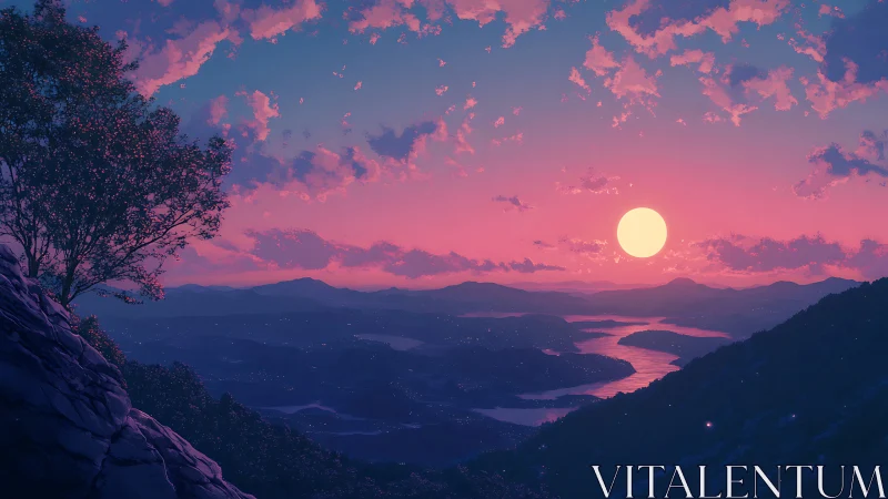 Vibrant digital sunset overlooks layered mountains and bay