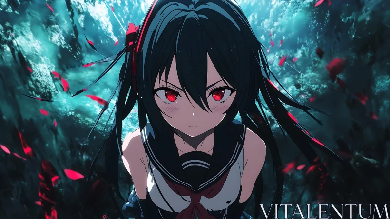 Anime portrait of red eyed girl in dynamic underwater scene.