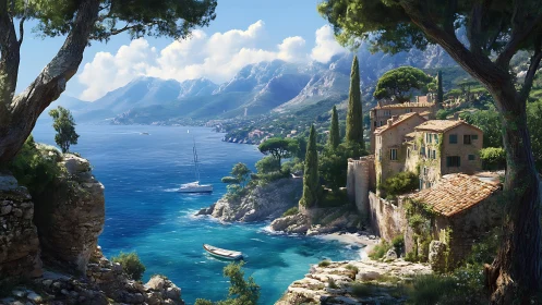 Mediterranean coastal village with cliffs, boats, and pines.