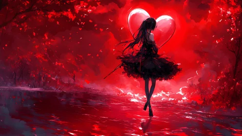 Dark dressed girl stands by river under glowing red heart.