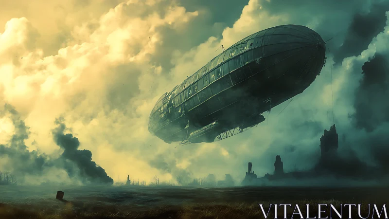 Postapocalyptic airship crossing toxic storm clouds.