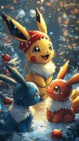 Festive cartoon creatures gather in snowy forest clearing