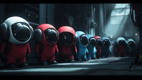 Row of small suited figures stands in dim sci fi corridor